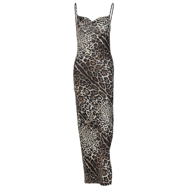 Hugcitar Leopard Print Swing Collar Sleeveless Sexy Maxi Slit Prom Dress Summer Women Fashion Y2K Clothes Party Beach Vacation