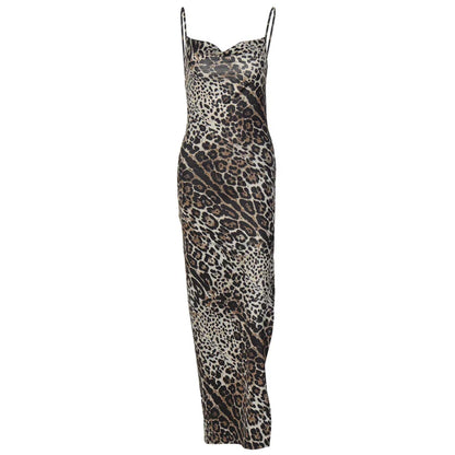 Hugcitar Leopard Print Swing Collar Sleeveless Sexy Maxi Slit Prom Dress Summer Women Fashion Y2K Clothes Party Beach Vacation