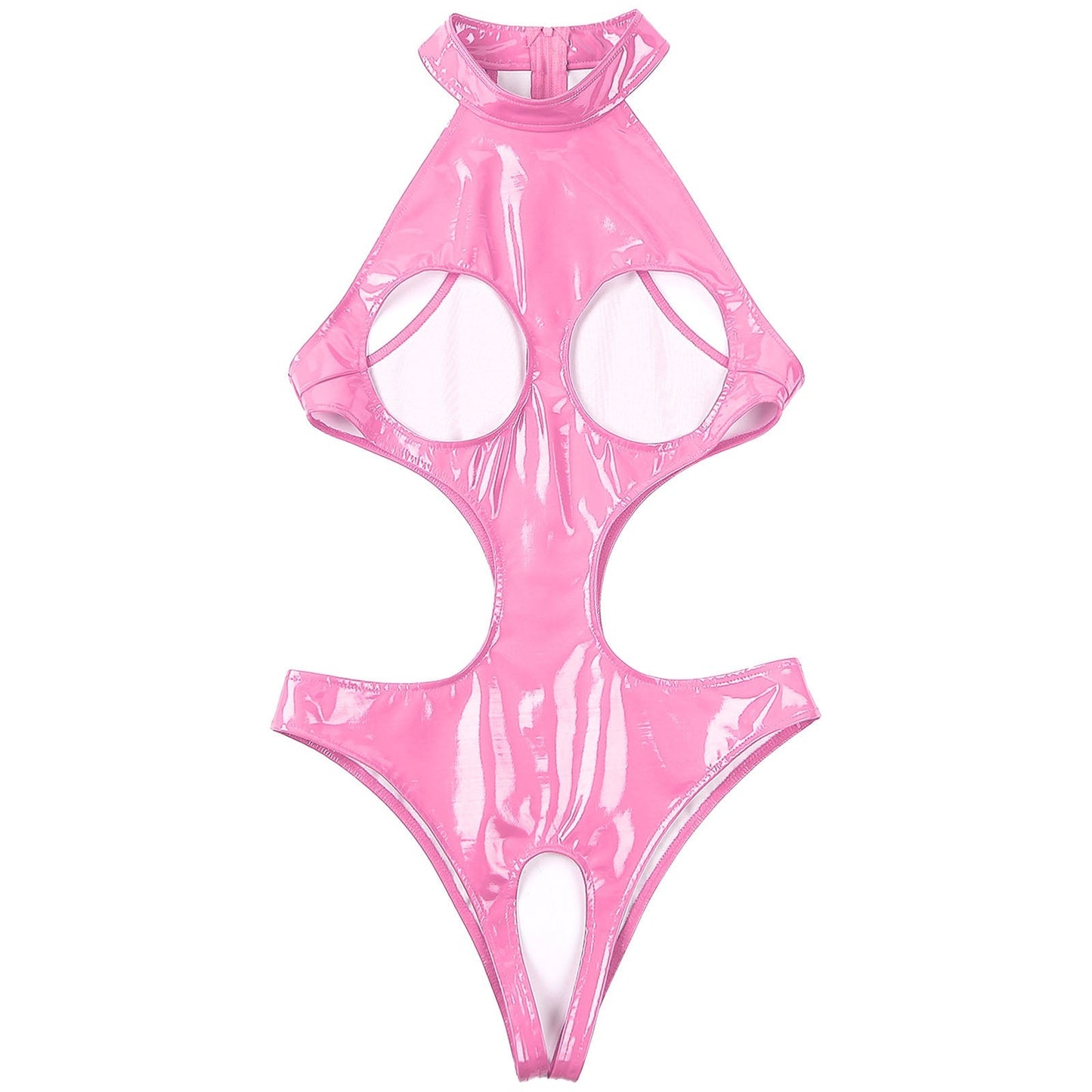 Womens Wet Look Faux Leather Hollow Out Open Breast Leotard Bodysuit Halter Neck Crotchless Jumpsuit Lingerie Teddy Nightwear