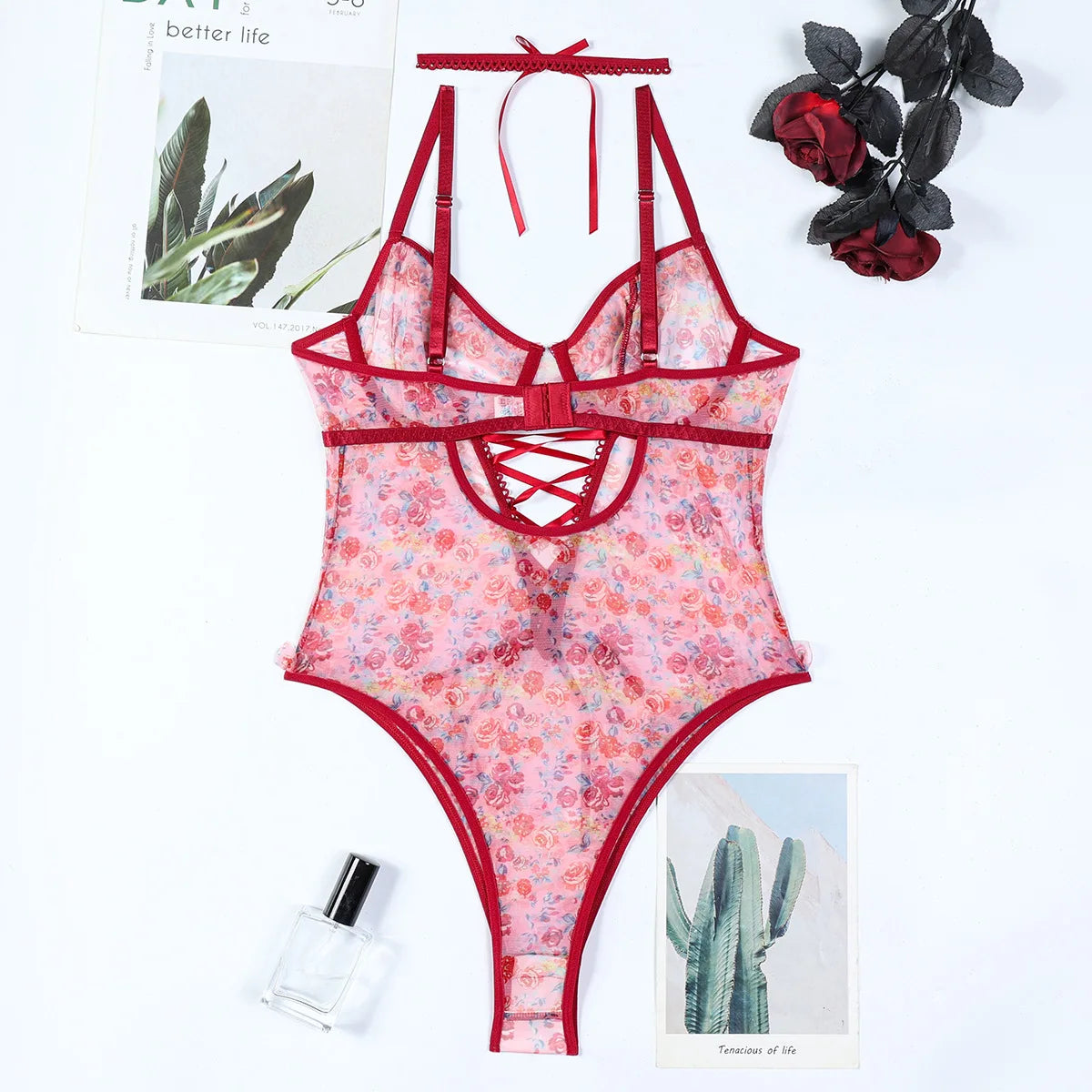 SINGREINY Hotsweet Print Gauze Bodysuit Ruffles Hollow Out Bandage Slim Open Crotch Thin Rompers Female Sexy NightwearPlaysuits