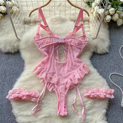 Women’s Sexy Lace Lingerie Bodysuit Hot Lenceria Intimates Set Sheer Mesh Underwire Garter Erotic Underwear 2025