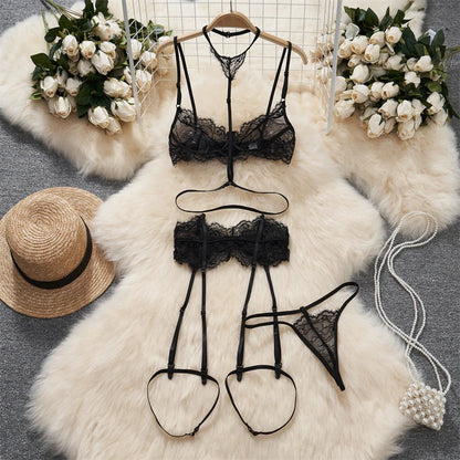 Sexy Lace Gauze Patchwork Strap Bodysuit Hollow Sleeveless Slim backless Women Erotic Lingerie Hotsweet Bow Night Maid Cosplay