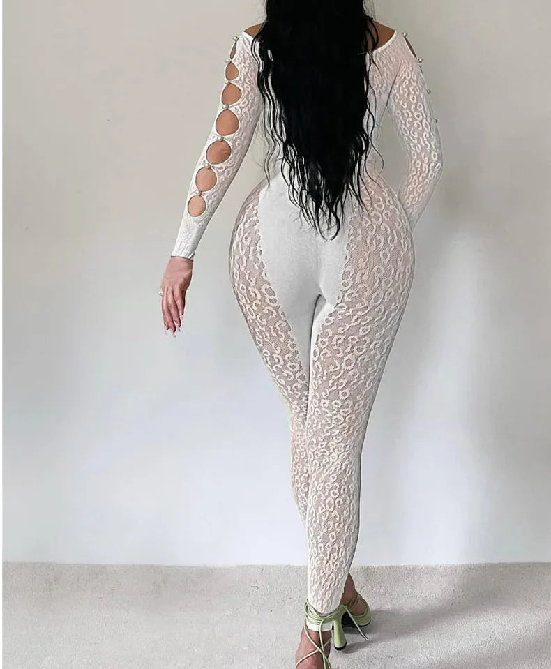 Viral Cheetah Bodysuit Pearl Embellished Mesh Lingerie Seductive Jacquard Catsuit for Women Flirtatious See Through Outfit