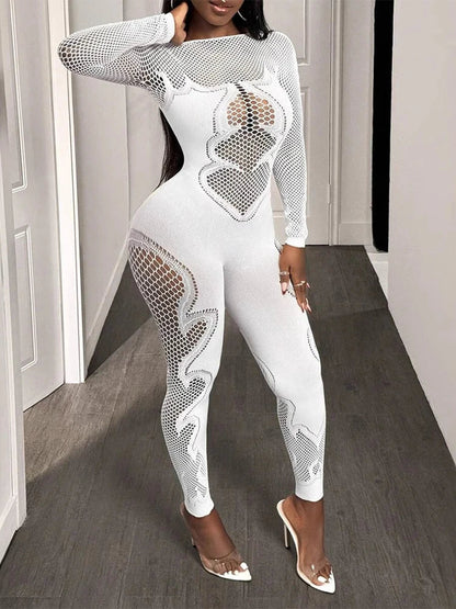 FHSEER Women's Sexy Jumpsuit Sheer Mesh Long Sleeve Hollow Out Bodycon High-Waist Stretchy Club Party Date Night Out Outfit