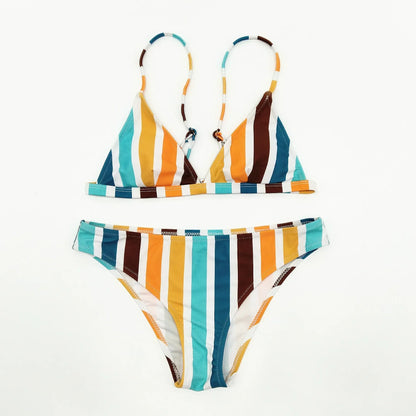New Style Rainbow Grey Stripe Print Sexy European American Triangle Bikini Set for Women Fashionable Split Swimsuit