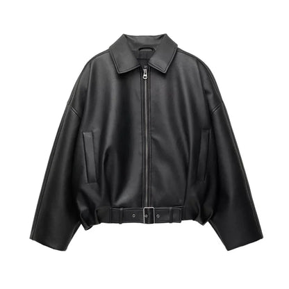 Street Stand Collar Women's Leather Jacket Loose Long Sleeve Zipper Pockets Chic Female Coats 2025 Autumn Winter Lady Outerwear