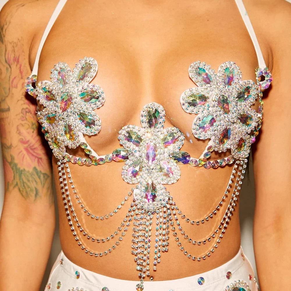 Colorful Rhinestone Flower Chest Bracket Top for Women Outfit Festival Lingerie Sexy Tassel Bra Chain Necklace Bikini Jewelry