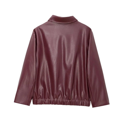 HH Wine Red Faux Leather Jakcet Fashion Outerwear Thicken Zipper Lapel Pu Coats Autumn Winter Streetwear Ladies Tops Women
