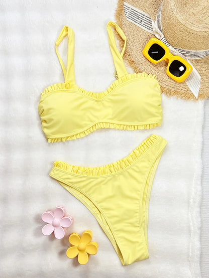 Vigoashely 2025 Sexy Ruffle Bikini Set Strapped Push UP Swimsuit High Cut Verge Swimwear Women Backless Yellow Bathing Suit