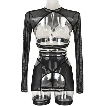 Diccvicc Long Sleeve Lingerie Sexy Sheer Mesh Porn Top Crotchless Skirt Naked Bandage Women Underwear Uncensored Erotic Costume