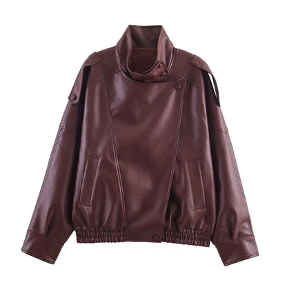 KONDALA Casual Chic Black Leather Jackets Women Long Sleeve Buttons Elastic Oversized Coats Fashion 2025 Fall Streetwear Coats