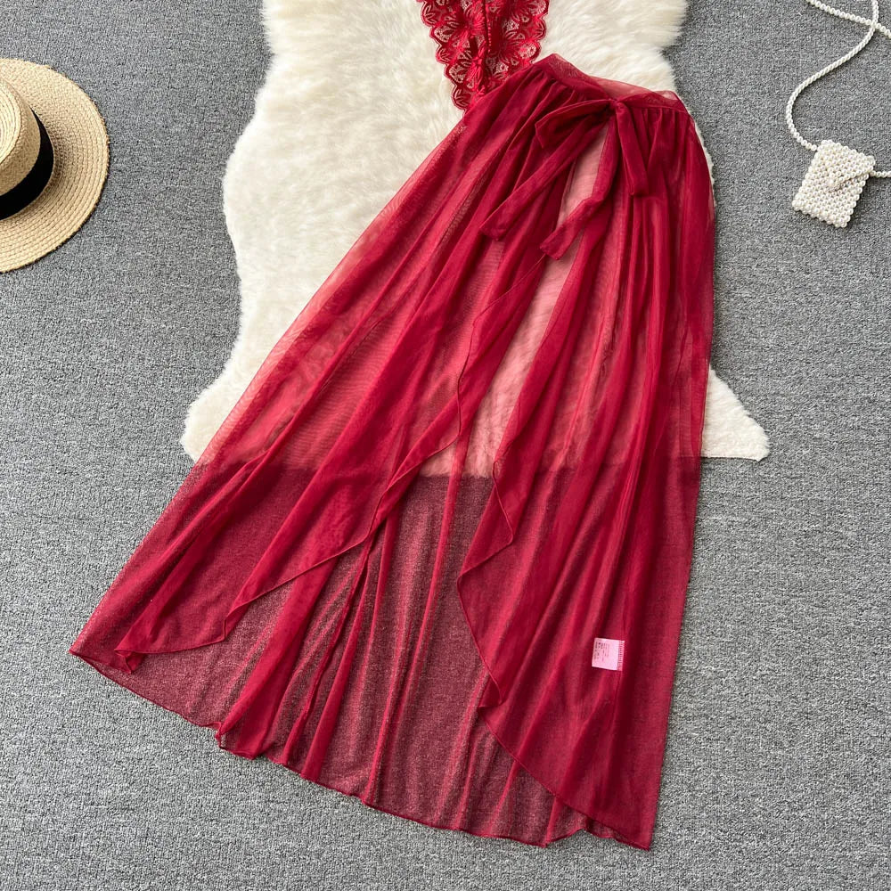 SINGREINY Lace Sensual Erotic Two Pieces Suits Camis Short Bodysuits Tops+Midi Long Mesh Chiffon Skirts Women Underwear Sets