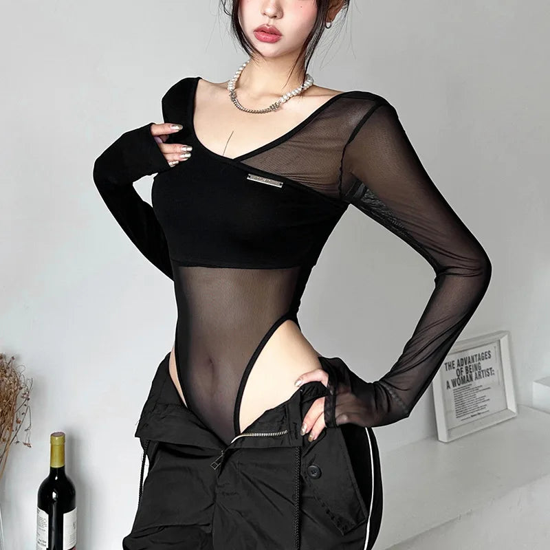 Black See Through Bodysuit Lingerie Sexy Long Sleeve Lenceria Femenina V-Neck One-Pieces Body Feminino Backless Tops For Women