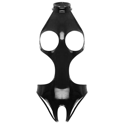 Womens Wet Look Faux Leather Hollow Out Open Breast Leotard Bodysuit Halter Neck Crotchless Jumpsuit Lingerie Teddy Nightwear