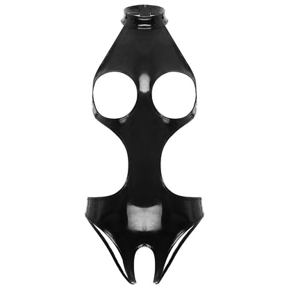 Womens Wet Look Faux Leather Hollow Out Open Breast Leotard Bodysuit Halter Neck Crotchless Jumpsuit Lingerie Teddy Nightwear
