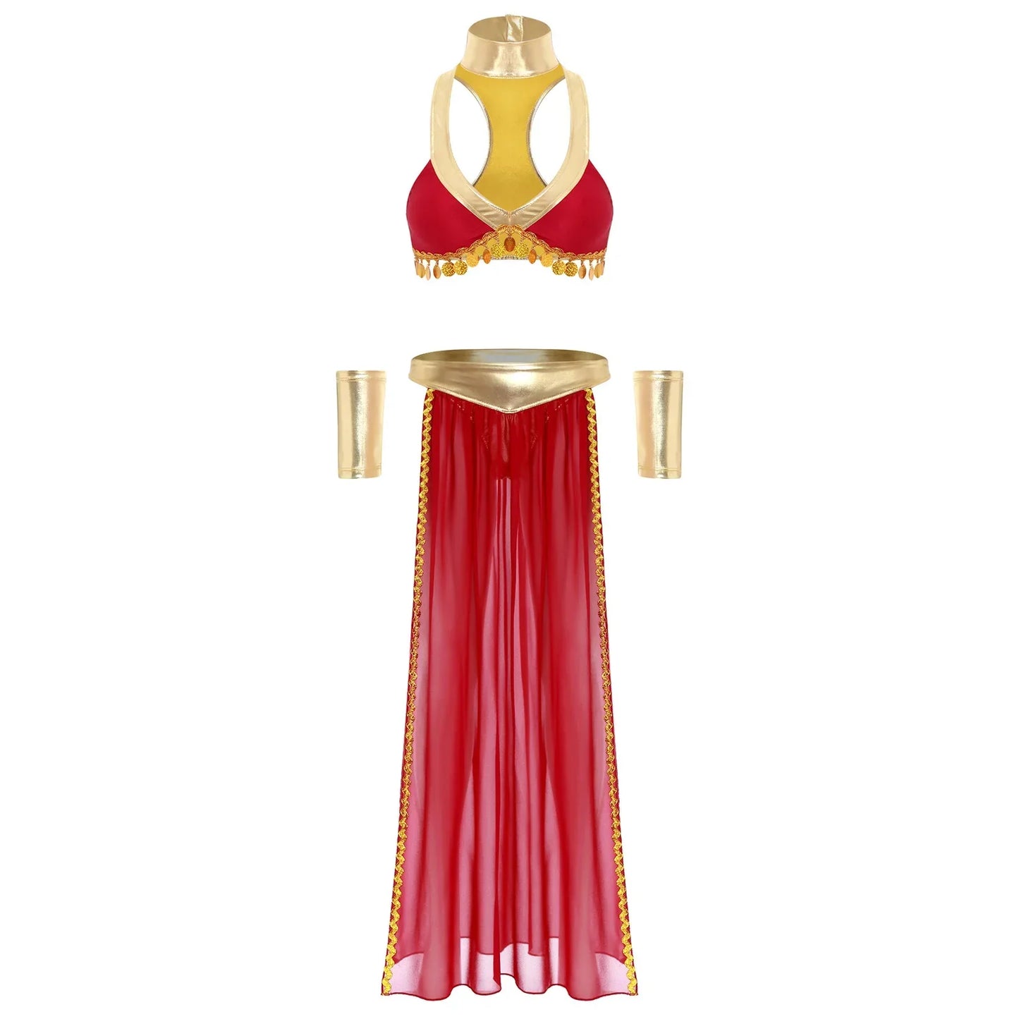 Women Halloween Cleopatra Ancient Egyptian Queen Sun Goddesses Cosplay Costume Crop Top with Skirt Choker Cuffs Belly Dance Set