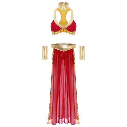 Women Halloween Cleopatra Ancient Egyptian Queen Sun Goddesses Cosplay Costume Crop Top with Skirt Choker Cuffs Belly Dance Set
