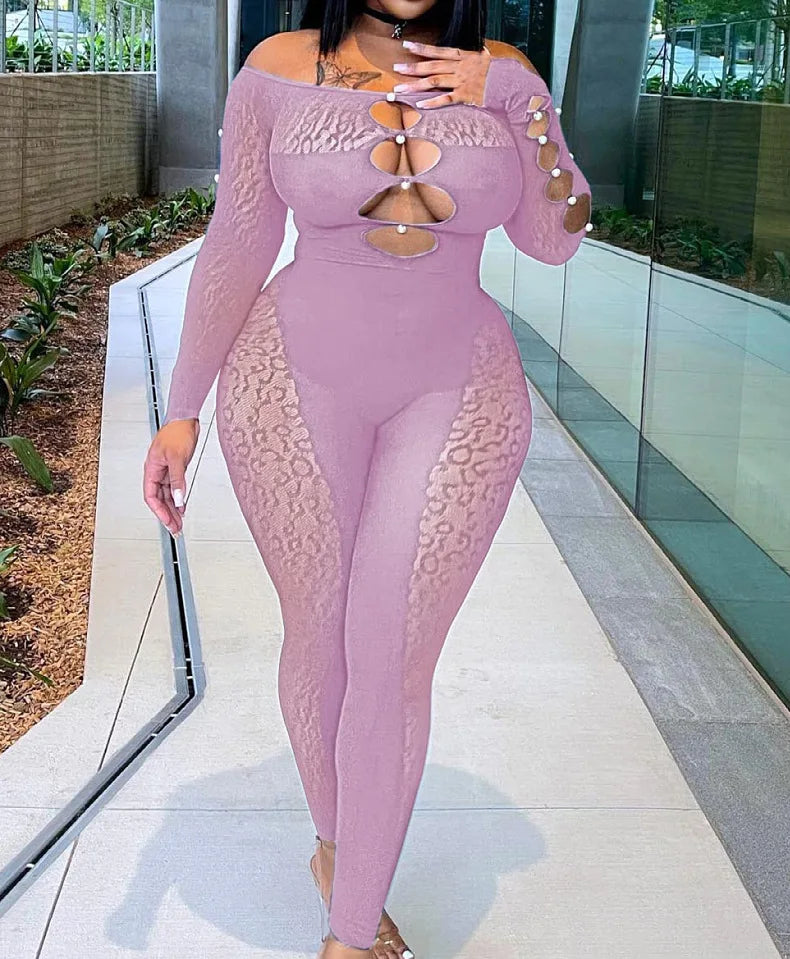 Viral Cheetah Bodysuit Pearl Embellished Mesh Lingerie Seductive Jacquard Catsuit for Women Flirtatious See Through Outfit