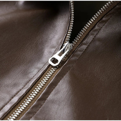 Street Stand Collar Women's Leather Jacket Loose Long Sleeve Zipper Pockets Chic Female Coats 2025 Autumn Winter Lady Outerwear