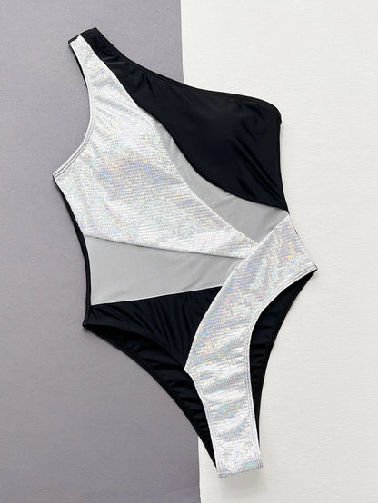 VigoBeviya 2025 Patchwork Hollow Out Swimwear Women Sexy One Shoulder Piece Swimsuit Monokini Beach Bathing Suit