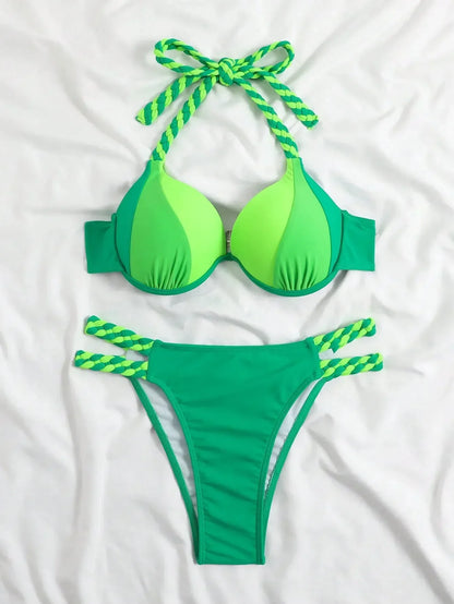 2026 New Bikini Swimsuit Women's Split Solid Color Sexy Belt Steel Tray Bikini Swimsuit