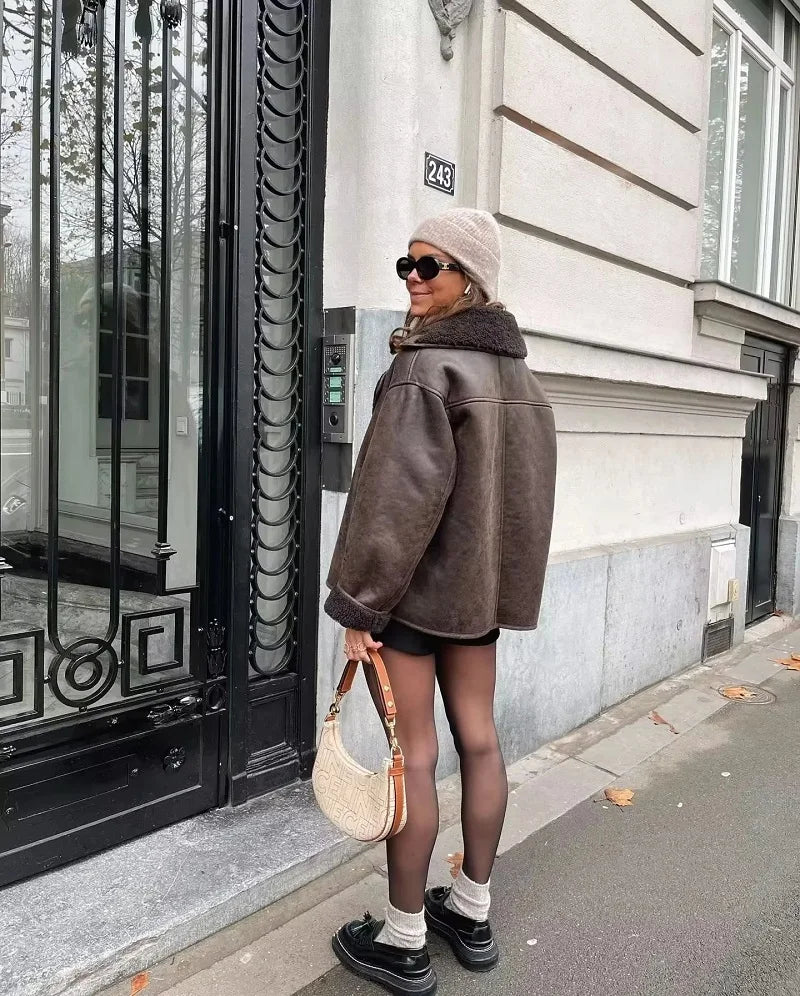 MUJER Faux Leather Jackets for Women Winter Warm Bomber Jacket Woman Long Sleeve Womens Coats Plush Oversized Women's Jackets