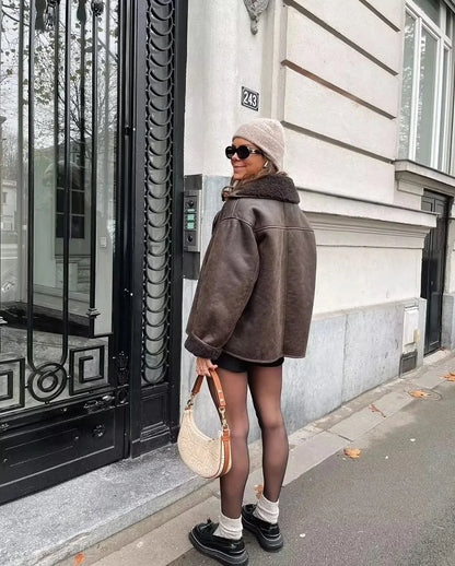 MUJER Faux Leather Jackets for Women Winter Warm Bomber Jacket Woman Long Sleeve Womens Coats Plush Oversized Women's Jackets
