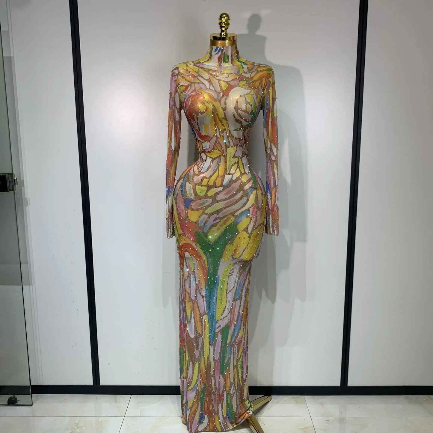 Sparkly Rhinestone Stretchy Mesh See Through Jumpsuit Women Performance Dancer Costume Rompers Party Nightclub Stage Outfit