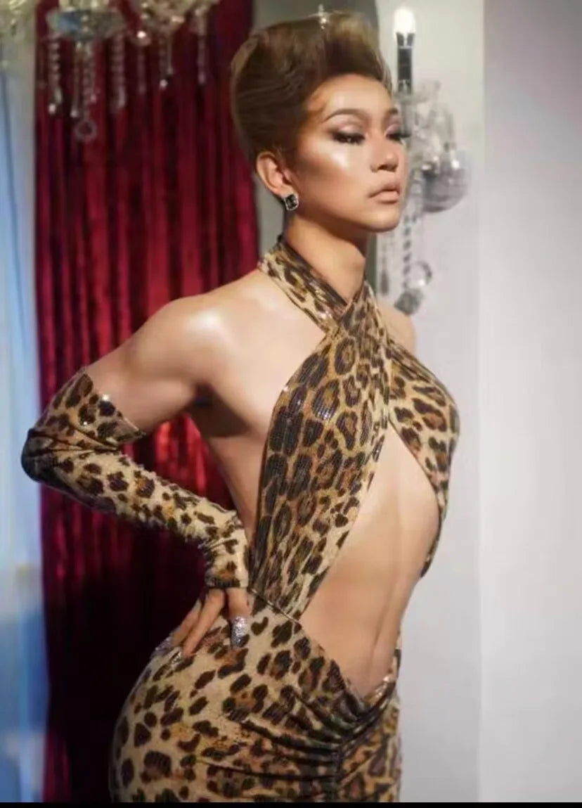 Birthday Performance Plus Size Women's Clothing Bulk Sequins Hollow Leopard Print Dress Women's Party High-End Performance Dress