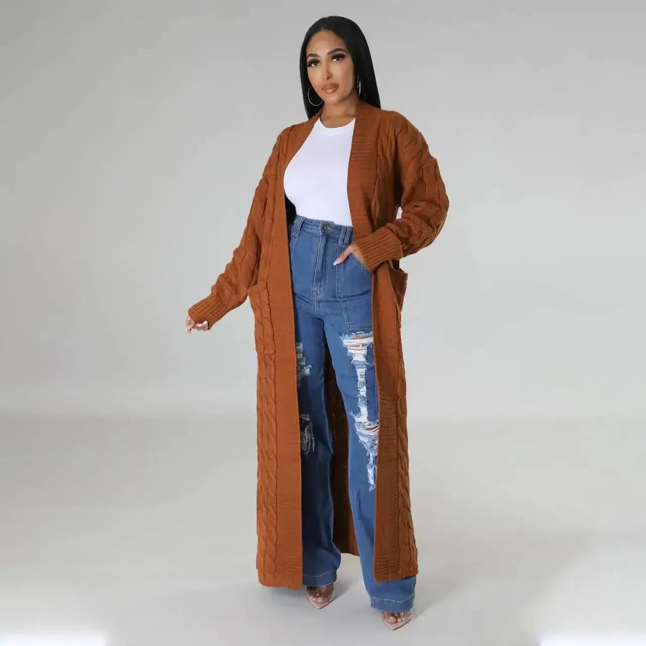 2024 New Women's Fashionable Cardigan Sweater Casual Long Sleeve Solid Color Jacket Autumn/Winter Amazon Europe Style