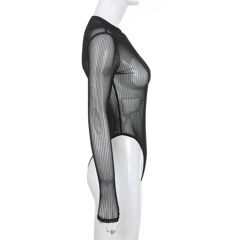See Through Bodysuit Backless Hollow Out Transparent Club Jumpsuits Women Solid Black Tee Summer Elegant Sexy Streetwear