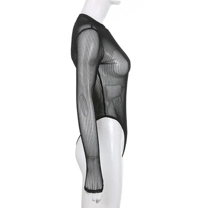 See Through Bodysuit Backless Hollow Out Transparent Club Jumpsuits Women Solid Black Tee Summer Elegant Sexy Streetwear
