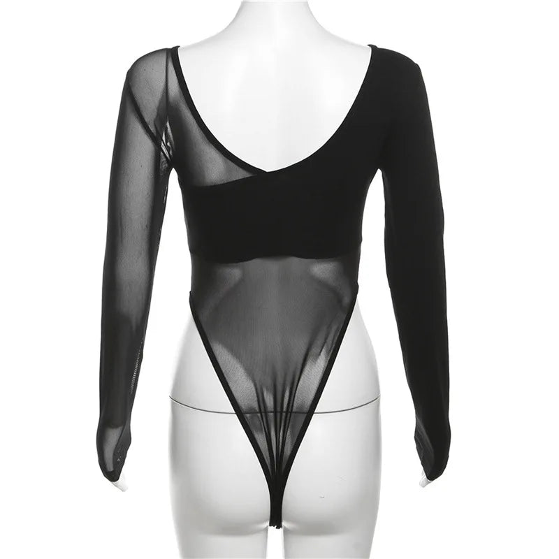Black See Through Bodysuit Lingerie Sexy Long Sleeve Lenceria Femenina V-Neck One-Pieces Body Feminino Backless Tops For Women