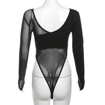 Black See Through Bodysuit Lingerie Sexy Long Sleeve Lenceria Femenina V-Neck One-Pieces Body Feminino Backless Tops For Women