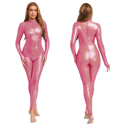 Women Metallic Shiny Full Body Unitards Sheer Rave Party Nightclub Jumpsuit Long Sleeve Long Pants Back Zipper Catsuit Clubwear