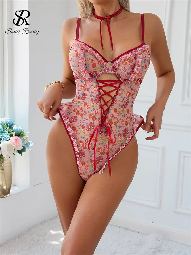 SINGREINY Hotsweet Print Gauze Bodysuit Ruffles Hollow Out Bandage Slim Open Crotch Thin Rompers Female Sexy NightwearPlaysuits