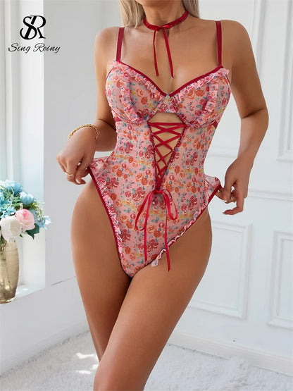 SINGREINY Hotsweet Print Gauze Bodysuit Ruffles Hollow Out Bandage Slim Open Crotch Thin Rompers Female Sexy NightwearPlaysuits