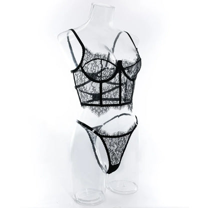Krasapt Sexy Black Lace Lingerie Two Piece Sets Fancy Lace Underwear Erotiic Bras And Panties Transparent Attractive Bilizna Set