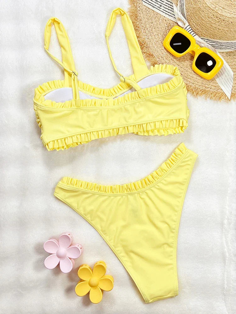 Vigoashely 2025 Sexy Ruffle Bikini Set Strapped Push UP Swimsuit High Cut Verge Swimwear Women Backless Yellow Bathing Suit