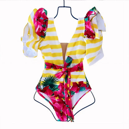 2025 New Sexy V-Neck One Piece Swimsuit Belt Swimwear Women Ruffle Monokini Push Up Swim Suit Colorful Bathing Suit Female Beach