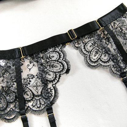 Luxury Embroidered Metal Buckle Complicated Erotic Intimate Set Women's Sexy Transparent Front Open Lingerie Sets Onlyfans kit