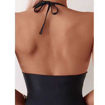 Vigoashely 2025 Lady Solid Halter Swimwear Women Sexy Mesh Patchwork One Piece Swimsuit Monokini Brazilian Beach Bathing Suit
