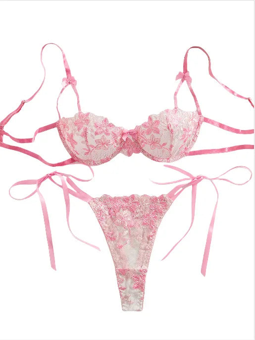 Floral Embroidery Transparent Mesh Bra Brief Sets Ultra Thin Straps Flowers Lace Sexy Lingerie Half Cup Woman Underwear 2025