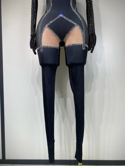 STOCK Sparkly Diamond Women Sexy Mesh Jumpsuit Nightclub Bar Party Show Gogo Dancer Clothing Drag Queen Outfit Stage Costume