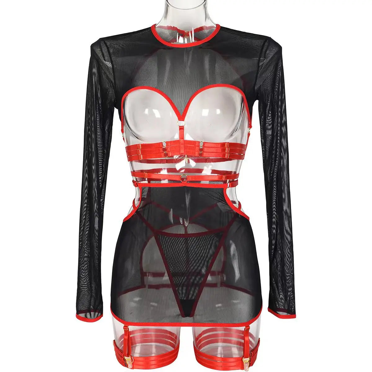 Diccvicc Long Sleeve Lingerie Sexy Sheer Mesh Porn Top Crotchless Skirt Naked Bandage Women Underwear Uncensored Erotic Costume