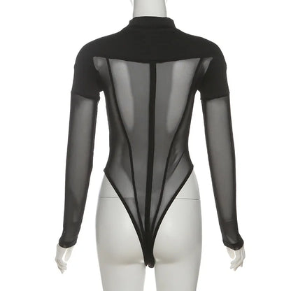 See Through Mesh Splicing Sexy Bodysuit Lingerie One-pieces Y2k Clothes Long Sleeve Body Feminino Hot Tops For Women Rave Outfit