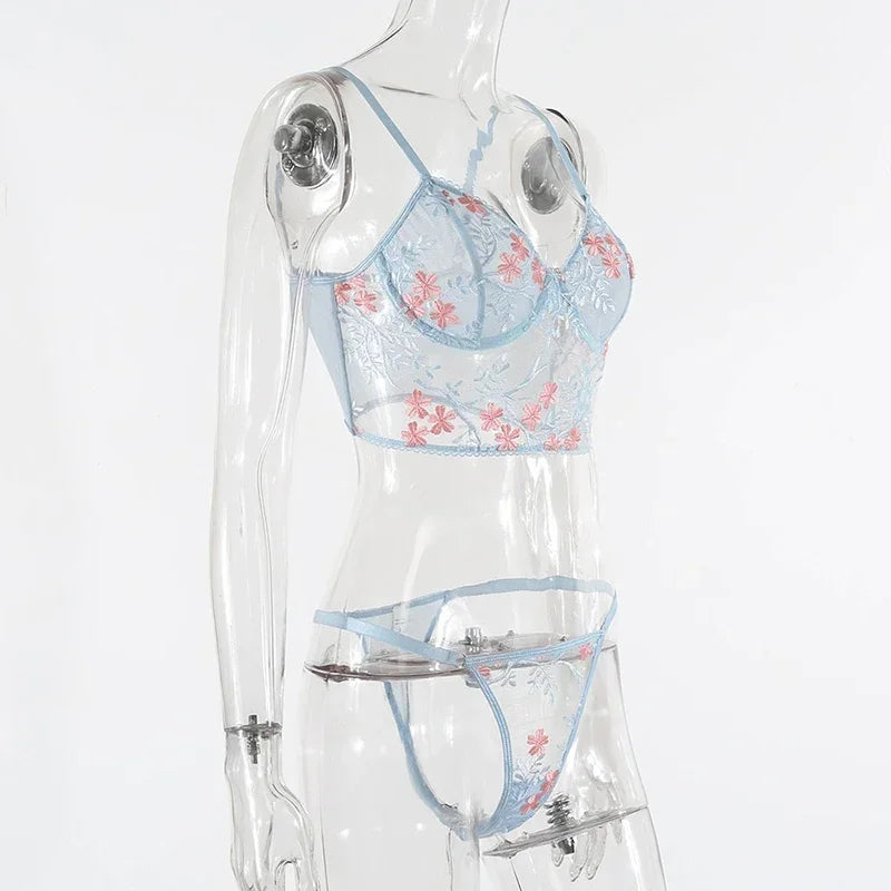 Lace Floral Embroidery See Through Bra and Panties Set for Women Underwear Sexy Lingerie Female 2 Pieces Bra Brief Sets