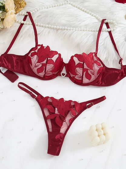 Transparent Floral Two Pieces Exquisite Lace Lingerie Set Ultrathin Bra Briefs Set Solid Exotic Lingerie For Ladies 23171A