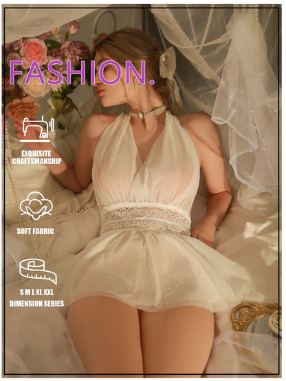 Sexy Lace Splicing Mesh Halter Deep V Backless Lingerie Nightgown for Women All-Season Homewear Comfortable Women's Dress