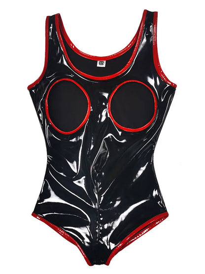 S-5XL Sleeveless Wet Look PVC Catsuit Shiny PU Leather Zipper Open Crotch Bodysuit Hollow Out Swimsuit Tights Sexy Body Teddies